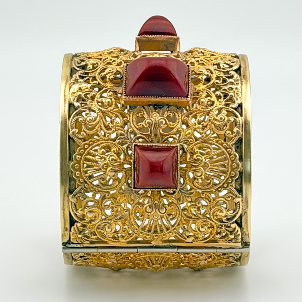 RARE Vintage Napier Gold Plated Brass Filigree Cuff With Carnelian Cabochons. - Picture 6 of 13